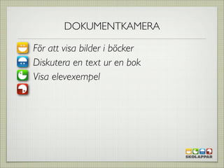 DOKUMENTKAMERA

För att visa bilder i böcker
Diskutera en text ur en bok
Visa elevexempel
 