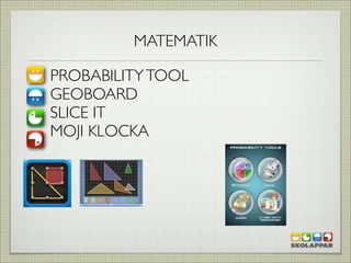 MATEMATIK

PROBABILITY TOOL
GEOBOARD
SLICE IT
MOJI KLOCKA
 