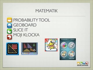 MATEMATIK

PROBABILITY TOOL
GEOBOARD
SLICE IT
MOJI KLOCKA
 