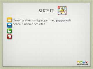 SLICE IT!

Eleverna sitter i smågrupper med papper och
penna, funderar och ritar.
 