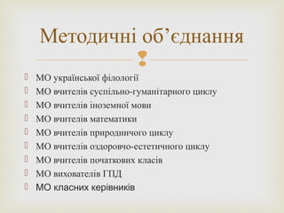
 МО української філології
 МО вчителів суспільно-гуманітарного циклу
 МО вчителів іноземної мови
 МО вчителів математики
 МО вчителів природничого циклу
 МО вчителів оздоровчо-естетичного циклу
 МО вчителів початкових класів
 МО вихователів ГПД
 МО класних керівників
Методичні об’єднання
 