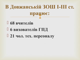 В Довжанській ЗОШ І-ІІІ ст. 
працює: 
 
 68 вчителів 
 6 вихователів ГПД 
 21 чол. тех. персоналу 
 