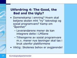 Utfordring 4: The Good, the Bad and the Ugly? <ul><li>Domenekamp i emning? Hvem skal betjene skolen mht ”ny” teknologi og ...