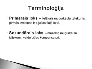    Primārais loks – lielākais mugurkaula izliekums,
    pirmās izmaiņas ir bijušas šajā lokā.

   Sekundārais loks – mazākie mugurkaula
    izliekumi, veidojušies kompensatori.
 