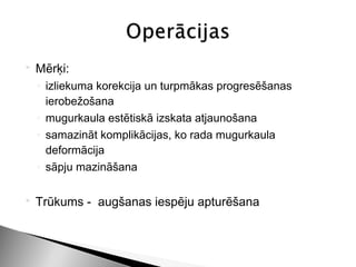    Mērķi:
    ◦ izliekuma korekcija un turpmākas progresēšanas
      ierobežošana
    ◦ mugurkaula estētiskā izskata atjaunošana
    ◦ samazināt komplikācijas, ko rada mugurkaula
      deformācija
    ◦ sāpju mazināšana

   Trūkums - augšanas iespēju apturēšana
 