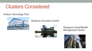 Clusters Considered
Krakow Technology Park
Skolkovo Innovation Center
Singapore Asset/Wealth
Management Cluster

 