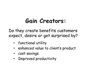 Gain Creators: 
Do they create benefits customers expect, desire or get surprised by? 
•functional utility 
•enhanced value to client’s product 
•cost savings 
•Improved productivity  