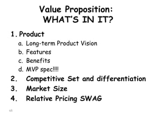 Value Proposition: WHAT’S IN IT? 
1.Product 
a.Long-term Product Vision 
b.Features 
c.Benefits 
d.MVP spec!!!! 
2.Competitive Set and differentiation 
3.Market Size 
4.Relative Pricing SWAG 
65 
 