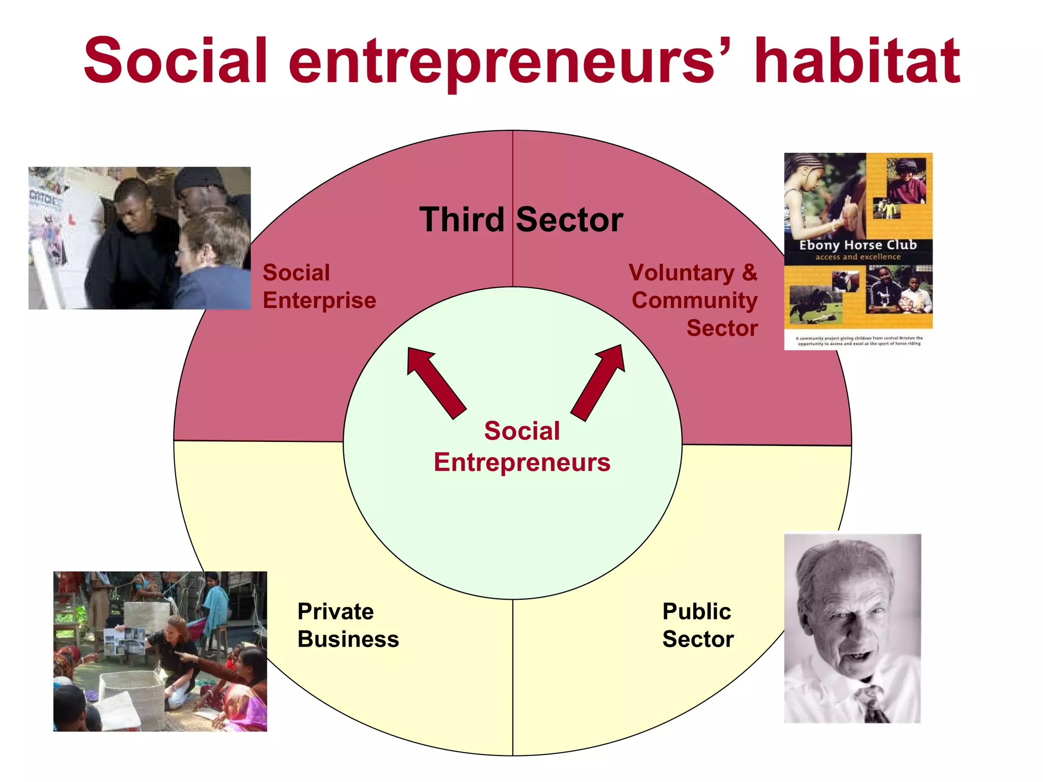 Social entrepreneurs’ habitat Private Business Public Sector Social Entrepreneurs Voluntary & Community Sector Social Enterprise Third Sector 