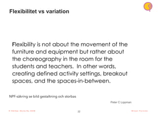 22
© H å l l b a r S k o l a N u 2 0 2 1 M i k a e l P a r k n ä s
Flexibilitet vs variation
Flexibility is not about the movement of the
furniture and equipment but rather about
the choreography in the room for the
students and teachers. In other words,
creating defined activity settings, breakout
spaces, and the spaces-in-between.
Peter C Lippman
NPF-säkring se bild gestaltning och storbas
© H å l l b a r S k o l a N u 2 0 2 3
 
