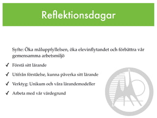 Reﬂektionsdagar


   Syfte: Öka måluppfyllelsen, öka elevinﬂytandet och förbättra vår
   gemensamma arbetsmiljö

✓ Förstå sitt lärande
✓ Utifrån förståelse, kunna påverka sitt lärande
✓ Verktyg: Unikum och våra lärandemodeller
✓ Arbeta med vår värdegrund
 