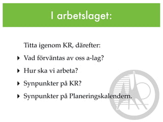 I arbetslaget:

  Titta igenom KR, därefter:
‣ Vad förväntas av oss a-lag?
‣ Hur ska vi arbeta?
‣ Synpunkter på KR?
‣ Synpunkter på Planeringskalendern.
 