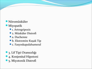 Nöromüsküler
Miyopatik
1. Artrogripozis
2. Müsküler Distrofi
a. Duchenne
b. Ekstremite Kuşak Tip
c. Fasyoskapulahumeral
3. Lif Tipi Oransızlığı
4. Konjenital Hipotoni
5. Miyotonik Distrofi
 
