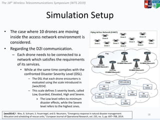 The 18th Wireless Telecommunications Symposium (WTS 2019)
Simulation Setup
• The case where 10 drones are moving
inside the access network environment is
considered.
• Regarding the D2I communication.
– Each drone needs to be connected to a
network which satisfies the requirements
of its services.
• While at the same time complies with the
confronted Disaster Severity Level (DSL).
– The DSL that each drone encounters is
evaluated using the scale introduced in
[wex2014].
– This scale defines 5 severity levels, called
Low, Guarded, Elevated, High and Severe.
» The Low level refers to minimum
disaster effects, while the Severe
level refers to the highest ones.
18[wex2014] F. Wex, G. Schryen, S. Feuerriegel, and D. Neumann, “Emergency response in natural disaster management:
Allocation and scheduling of rescue units,” European Journal of Operational Research, vol. 235, no. 3, pp. 697–708, 2014.
 