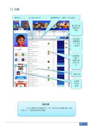 5.3 成績
設定任務
你可以選擇特定的遊戲給孩子。按－或兩次來決定遊戲次數。如果
你按三次， 系統就會取消特定遊戲。
18
選取孩子 放大看全部內容 選擇讀寫能力、數學、英文成績
顯示學生掌
握概念的
程度
設定特定
遊戲讓孩
子下次登
入時進行
進度標誌
－ 顯示一
個題目進
步的百分
比
課程內容
可選擇
列印的
證書
 