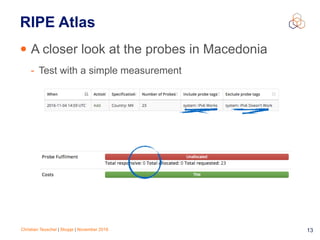 Christian Teuschel | Skopje | November 2016 13
RIPE Atlas
• A closer look at the probes in Macedonia
- Test with a simple measurement
 