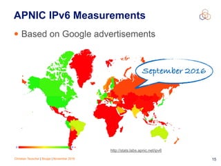 Christian Teuschel | Skopje | November 2016 15
APNIC IPv6 Measurements
• Based on Google advertisements
http://stats.labs.apnic.net/ipv6
September 2016
 