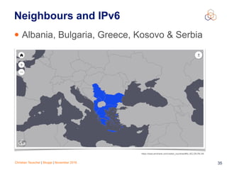 Christian Teuschel | Skopje | November 2016
• Albania, Bulgaria, Greece, Kosovo & Serbia
35
Neighbours and IPv6
https://www.amcharts.com/visited_countries/#AL,BG,GR,RS,XK
 