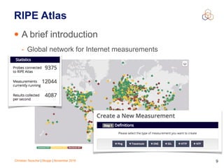 Christian Teuschel | Skopje | November 2016 9
RIPE Atlas
• A brief introduction
- Global network for Internet measurements
 