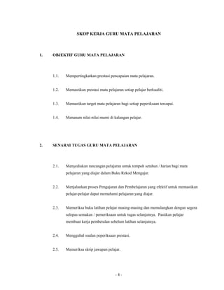 SKOP KERJA GURU MATA PELAJARAN
1. OBJEKTIF GURU MATA PELAJARAN
1.1. Mempertingkatkan prestasi pencapaian mata pelajaran.
1.2. Memastikan prestasi mata pelajaran setiap pelajar berkualiti.
1.3. Memastikan target mata pelajaran bagi setiap peperiksaan tercapai.
1.4. Menanam nilai-nilai murni di kalangan pelajar.
2. SENARAI TUGAS GURU MATA PELAJARAN
2.1. Menyediakan rancangan pelajaran untuk tempoh setahun / harian bagi mata
pelajaran yang diajar dalam Buku Rekod Mengajar.
2.2. Menjalankan proses Pengajaran dan Pembelajaran yang efektif untuk memastikan
pelajar-pelajar dapat memahami pelajaran yang diajar.
2.3. Memeriksa buku latihan pelajar masing-masing dan memulangkan dengan segera
selepas semakan / pemeriksaan untuk tugas selanjutnya. Pastikan pelajar
membuat kerja pembetulan sebelum latihan selanjutnya.
2.4. Menggubal soalan peperiksaan prestasi.
2.5. Memeriksa skrip jawapan pelajar.
- 4 -
 