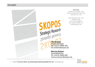 Kontakt

                                                                                                       SKOPOS
                                                                                                Institut für Markt- und
                                                                                              Kommunikationsforschung
                                                                                                   GmbH & Co. KG

                                                                                                Hans-Böckler-Str. 163
                                                                                                    50354 Hürth
                                                                                                 Tel. 02233 9988-0
                                                                                                Fax 02233 9988-111
                                                                                                  mail@skopos.de




                                                                      Till Winkler
                                                                      Project Manager
                                                                      Tel. 02233 9988-306
                                                                      till.winkler@skopos.de

                                                                      Marcus Dreyer
                                                                      Geschäftsführer
                                                                      Tel. 02233 9988-900
                                                                      marcus.dreyer@skopos.de

  11   SKOPOS Institut für Markt- und Kommunikationsforschung GmbH & Co. KG | www.skopos.de
 