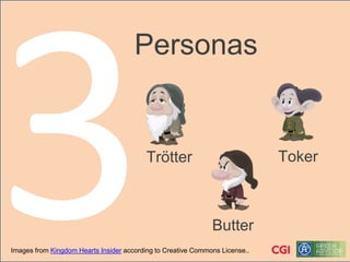 Personas 
Trötter 
Butter 
Toker 
Images from Kingdom Hearts Insider according to Creative Commons License.. 
 