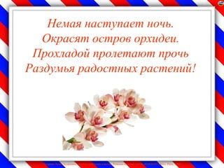 Немая наступает ночь.
   Окрасят остров орхидеи.
 Прохладой пролетают прочь
Раздумья радостных растений!




   Лазарева Лидия Андреевна, учитель начальных классов, Рижская основная школа «ПАРДАУГАВА», Рига, 2009
 