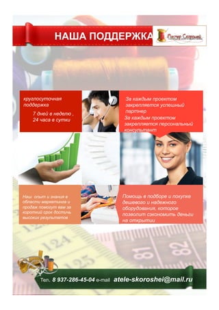 НАША ПОДДЕРЖКА
Тел. 8 937-286-45-04 е-mail atele-skoroshei@mail.ru
круглосуточная
поддержка
За каждым проектом
закрепляется успешный
партнер
Помощь в подборе и покупке
дешевого и надежного
оборудования, которое
позволит сэкономить деньги
на открытии
7 дней в неделю ,
24 часа в сутки
Наш опыт и знания в
области маркетинга и
продаж помогут вам за
короткий срок достичь
высоких результатов
За каждым проектом
закрепляется персональный
консультант
 