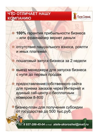 ЧТО ОТЛИЧАЕТ НАШУ
КОМПАНИЮ
Тел. 8 937-286-45-04 е-mail atele-skoroshei@mail.ru
!   100% гарантия прибыльности бизнеса
– или франчайзер вернет деньги
!   отсутствие пашуального взноса, роялти
и иных платежей
!   пошаговый запуск бизнеса за 2 недели
!   выезд менеджера для запуска бизнеса
с нуля до первых продаж
!   предоставление собственного сайта
для приема заказов через Интернет и
единый call-центр с бесплатным
номером 8-800
!  бизнес-план для получения субсидии
от государства до 500 тыс.руб.
 