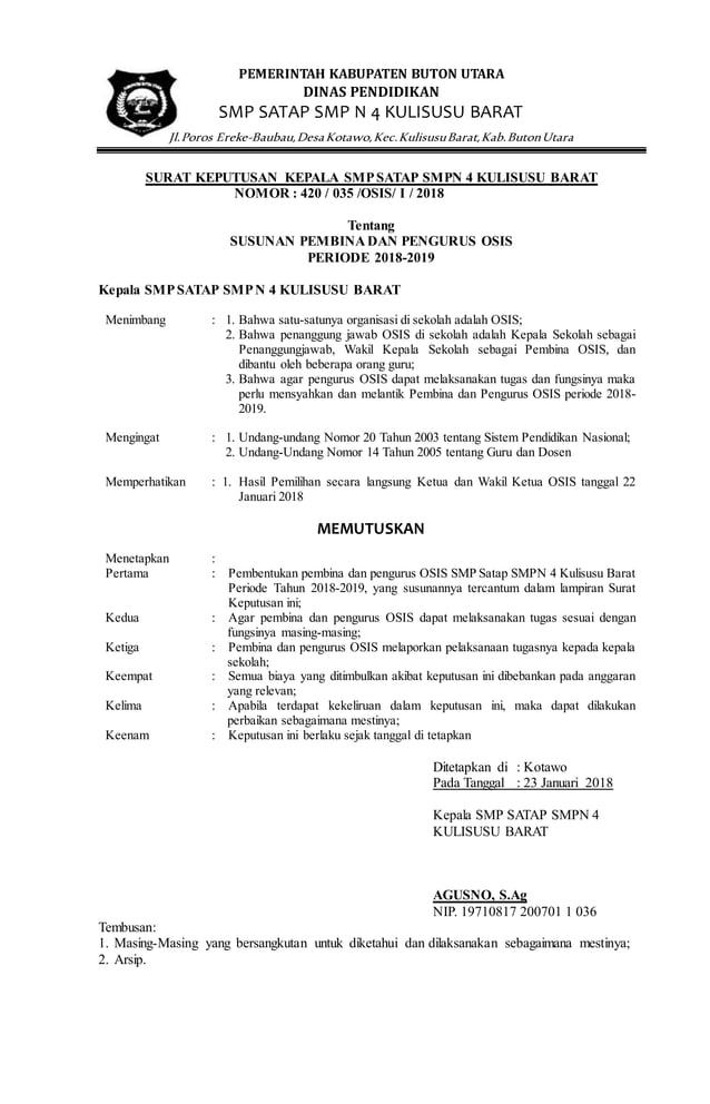 Sk osis smp satap smpn 4 kulbar | PDF