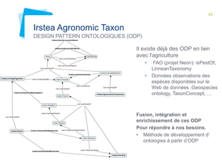 45 
Irstea Agronomic Taxon 
DESIGN PATTERN ONTOLOGIQUES (ODP) 
Il existe déjà des ODP en lien 
avec l'agriculture 
• FAO (projet Neon): isPestOf, 
LinneanTaxonomy 
• Données observations des 
espèces disponibles sur le 
Web de données :Geospecies 
ontology, TaxonConcept, … 
Fusion, intégration et 
enrichissement de ces ODP 
Pour répondre à nos besoins. 
• Méthode de développement d’ 
ontologies à partir d’ODP 
 
