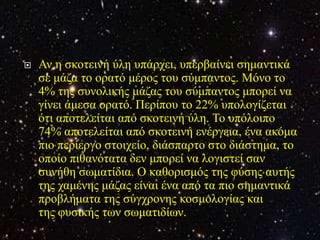    Αλ ε ζθνηεηλή ύιε ππάξρεη, ππεξβαίλεη ζεκαληηθά
    ζε κάδα ην νξαηό κέξνο ηνπ ζύκπαληνο. Μόλν ην
    4% ηεο ζπλνιηθήο κάδαο ηνπ ζύκπαληνο κπνξεί λα
    γίλεη άκεζα νξαηό. Πεξίπνπ ην 22% ππνινγίδεηαη
    όηη απνηειείηαη από ζθνηεηλή ύιε. Τν ππόινηπν
    74% απνηειείηαη από ζθνηεηλή ελέξγεηα, έλα αθόκα
    πην πεξίεξγν ζηνηρείν, δηάζπαξην ζην δηάζηεκα, ην
    νπνίν πηζαλόηαηα δελ κπνξεί λα ινγηζηεί ζαλ
    ζπλήζε ζσκαηίδηα. Ο θαζνξηζκόο ηεο θύζεο απηήο
    ηεο ρακέλεο κάδαο είλαη έλα από ηα πην ζεκαληηθά
    πξνβιήκαηα ηεο ζύγρξνλεο θνζκνινγίαο θαη
    ηεο θπζηθήο ησλ ζσκαηηδίσλ.
 