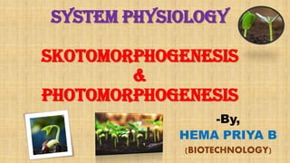 SYSTEM PHYSIOLOGY
SKOTOMORPHOGENESIS
&
PHOTOMORPHOGENESIS
-By,
HEMA PRIYA B
(BIOTECHNOLOGY)
 