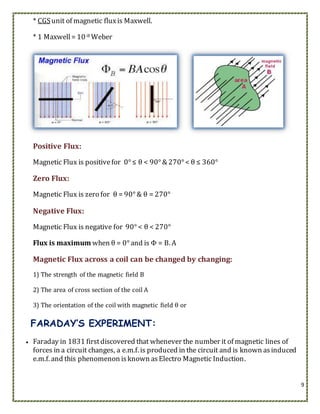 9
* CGSunit of magnetic fluxis Maxwell.
* 1 Maxwell= 10-8 Weber
Positive Flux:
Magnetic Flux is positivefor 0° ≤ θ < 90° &...