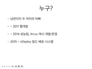 누구?
• 남편이자 두 아이의 아빠
• ~ 2011 웹개발
• ~ 2014 성능팀, Arcus 캐시 개발/운영
• 2015 ~ nDeploy 빌드 배포 시스템
 