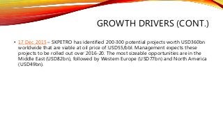 GROWTH DRIVERS (CONT.)
• 17 Dec 2015 – SKPETRO has identified 200-300 potential projects worth USD360bn
worldwide that are viable at oil price of USD55/bbl. Management expects these
projects to be rolled out over 2016-20. The most sizeable opportunities are in the
Middle East (USD82bn), followed by Western Europe (USD77bn) and North America
(USD49bn).
 