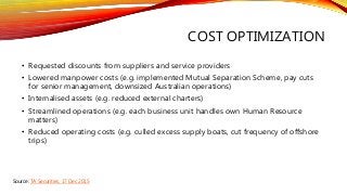 COST OPTIMIZATION
• Requested discounts from suppliers and service providers
• Lowered manpower costs (e.g. implemented Mutual Separation Scheme, pay cuts
for senior management, downsized Australian operations)
• Internalised assets (e.g. reduced external charters)
• Streamlined operations (e.g. each business unit handles own Human Resource
matters)
• Reduced operating costs (e.g. culled excess supply boats, cut frequency of offshore
trips)
Source: TA Securities, 17 Dec 2015
 