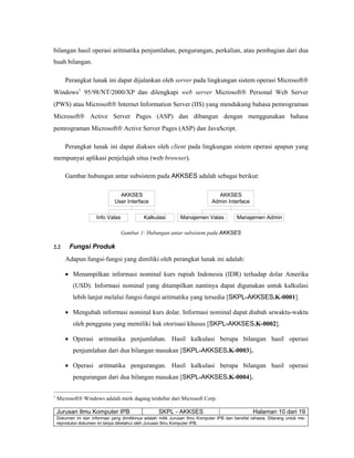 Jurusan Ilmu Komputer IPB SKPL - AKKSES Halaman 10 dari 19
Dokumen ini dan informasi yang dimilikinya adalah milik Jurusan Ilmu Komputer IPB dan bersifat rahasia. Dilarang untuk me-
reproduksi dokumen ini tanpa diketahui oleh Jurusan Ilmu Komputer IPB.
bilangan hasil operasi aritmatika penjumlahan, pengurangan, perkalian, atau pembagian dari dua
buah bilangan.
Perangkat lunak ini dapat dijalankan oleh server pada lingkungan sistem operasi Microsoft®
Windows1
95/98/NT/2000/XP dan dilengkapi web server Microsoft® Personal Web Server
(PWS) atau Microsoft® Internet Information Server (IIS) yang mendukung bahasa pemrograman
Microsoft® Active Server Pages (ASP) dan dibangun dengan menggunakan bahasa
pemrograman Microsoft® Active Server Pages (ASP) dan JavaScript.
Perangkat lunak ini dapat diakses oleh client pada lingkungan sistem operasi apapun yang
mempunyai aplikasi penjelajah situs (web browser).
Gambar hubungan antar subsistem pada AKKSES adalah sebagai berikut:
AKKSES
User Interface
Info Valas Kalkulasi
AKKSES
Admin Interface
Manajemen Valas Manajemen Admin
Gambar 1: Hubungan antar subsistem pada AKKSES
2.2 Fungsi Produk
Adapun fungsi-fungsi yang dimiliki oleh perangkat lunak ini adalah:
• Menampilkan informasi nominal kurs rupiah Indonesia (IDR) terhadap dolar Amerika
(USD). Informasi nominal yang ditampilkan nantinya dapat digunakan untuk kalkulasi
lebih lanjut melalui fungsi-fungsi aritmatika yang tersedia [SKPL-AKKSES.K-0001].
• Mengubah informasi nominal kurs dolar. Informasi nominal dapat diubah sewaktu-waktu
oleh pengguna yang memiliki hak otorisasi khusus [SKPL-AKKSES.K-0002].
• Operasi aritmatika penjumlahan. Hasil kalkulasi berupa bilangan hasil operasi
penjumlahan dari dua bilangan masukan [SKPL-AKKSES.K-0003].
• Operasi aritmatika pengurangan. Hasil kalkulasi berupa bilangan hasil operasi
pengurangan dari dua bilangan masukan [SKPL-AKKSES.K-0004].
1
Microsoft® Windows adalah merk dagang terdaftar dari Microsoft Corp.
 