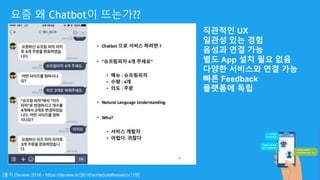 [출처 Deview 2016 - https://deview.kr/2016/schedule#session/176]
요즘 왜 Chatbot이 뜨는가??
직관적인 UX
일관성 있는 경험
음성과 연결 가능
별도 App 설치 필요 없음
다양한 서비스와 연결 가능
빠른 Feedback
플랫폼에 독립
 