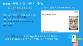 Trigger 처리 (사랑, 이미지 검색)
1. 사랑단어가 포함될 경우
<실재 가동 사례>
직원 : XXX 사원에게 사랑한다고 포스톡 보내줘
챗봇 : 너무 쉽게 사랑하지 마세요.
직원 : 니가 먼제 내 사랑을 논해
챗봇 : 학습중이라 아직 잘 모르는게 많아요.
직원 : ㅋㅋㅋㅋ
챗봇 : ㅋㅋㅋ
[안녕, 사랑, ㅋㅋㅋ] 등에 Trigger를 적용하고 이에 확보된
Data를 Seq2Seq모델에 학습시켜 NLP전처리 모델로 사용
2.이미지 검색 시(ResNet Model Call)
 
