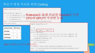 학습시 병렬 처리를 위한 Coding
tf.device를 통해 연산할 Device를 지정
CPU와 GPU의 적절한 분배
GPU가 많다고 무조건 빠른지는...
 