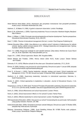 Standard Kualiti Pendidikan Malaysia 2010
99
BIBLIOGRAFI
Abdul Rahman Abdul Majid. (2010). Kepimpinan dan penyeliaan Instruksional: Dari perspektif pendidikan.
Kuala Lumpur: Penerbitan Multimedia Sdn. Bhd.
Adelman, C., & Walker, R. (1990). A guide to classroom observation. London: Routledge.
Beach, D. M., & Reinhartz, J. (2000). Supervisory leadership: Focus on instruction. Needham Heights, Maryland:
Allyn & Bacon.
Blase, J., & Blase, J. (1999). Principals instructional leadership and teacher decelopment: Teacher perspectives.
Educational Administration Quarterly, 35 (3), 349-378.
Bush, T. (1995). Theories of educational management (2nd ed.). London: Paul Chapman Publishing Ltd.
Catholic Education Office. (2006). How effective is our catholic school? Indicators of effectiveness for catholic
schools, Sydney catholic schools towards 2010 - Strategic leadership and management plan. Sydney,
Australia: Catholic Education Office.
Chan, Y. F. (1999). Pengurusan strategik ke arah sekolah berkesan. [Atas talian]. Khidmat dan Suara Rasmi
JPA, 39, 20-26. Diperolehi: http://www.planetklik.com.my
Cogan, M. L. (1995). Clinical supervision. Boston, MA: Houghton Mifflin.
Dewan Bahasa dan Pustaka. (1994). Kamus dewan (Edisi Ke-5). Kuala Lumpur: Dewan Bahasa
dan Pustaka.
Edmonds, R. R. (1979). Effective schools for the urban poor: Educational Leadership, 37 (1), 20-24.
Elmore, R. (2000). Building a new structure for school leadership. Dimuat turun pada 11 Januari 2008, daripada
www.shankerinstitute.org/Downloads/building.pdf
Frost, D., & Durrant, J. (2003). Teacher leadership: rationale, strategy and impact. School Leadership and
Management, 23 (2), 173-186. Dimuat turun pada 10 Disember 2006, daripada ProQuest database.
Glatthorn, A. A. (1990). Supervisory leadership: Instruction to instructional supervision. Glenview, IL:
Scott Foresman & Co.
Gunter, H. (2001). Critical approaches to leadership in education. Journal of Educational Enquiry, 2 (2),
94-108.
Hargreaves,A., & Fink, D. (2004,April).The Seven Principles of Sustainable Leadership, Educational Leadership,
61 (7), 8-13. [On-line serial]. Available: www.ascd.org/publications/ed_lead/ 200404/hargreaves.html
Harris, A. (1996). School effectiveness and school improvement. London: Pitman.
Harris, A. (2002). School improvement: What’s in it for schools? London: Falmer Press.
Harris, A. (2003). Effective leadership for school improvement. London: Routledge Falmer.
HM Inspectorate of Education. (2002). How good is our school? Incorporating the six-point scale: Self evaluation
using quality indicators. Norwich, UK: HMI.
Institut Aminuddin Baki. (2009). Kompetensi pemimpin sekolah Malaysia. Dimuat turun pada 10 Okotber 2009,
daripada http://www.iab.edu.my/kompas
Malaysia, Kementerian Pelajaran. (1986). Surat Pekeliling Ikhtisas Bil. 4/1986 Panitia mata pelajaran.
Kuala Lumpur: Kementerian Pelajaran Malaysia.
 