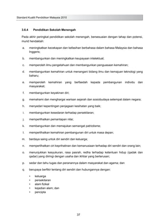 Standard Kualiti Pendidikan Malaysia 2010
37
3.6.4	 Pendidikan Sekolah Menengah
Pada akhir peringkat pendidikan sekolah menengah, bersesuaian dengan tahap dan potensi,
murid hendaklah:
	 a.	 meningkatkan kecekapan dan kefasihan berbahasa dalam bahasa Malaysia dan bahasa
Inggeris;
	 b.	 membangunkan dan meningkatkan keupayaan intelektual;
	 c.	 memperoleh ilmu pengetahuan dan membangunkan penguasaan kemahiran;
	 d.	 membangunkan kemahiran untuk menangani bidang ilmu dan kemajuan teknologi yang
baharu;
	 e.	 memperoleh kemahiran yang berfaedah kepada pembangunan individu dan
masyarakat;
	 f.	 membangunkan keyakinan diri;
	 g.	 memahami dan menghargai warisan sejarah dan sosiobudaya setempat dalam negara;
	 h.	 menyedari kepentingan penjagaan kesihatan yang baik;
	 i.	 membangunkan kesedaran terhadap persekitaran;
	 j.	 memperlihatkan pemantapan nilai;
	 k.	 membangunkan dan memajukan semangat patriotisme;
	 l.	 memperlihatkan kemahiran pembangunan diri untuk masa depan;
	 m.	 berdaya saing untuk diri sendiri dan keluarga;
	 n.	 memperlihatkan ciri keprihatinan dan kemanusiaan terhadap diri sendiri dan orang lain;
	 o.	 menunjukkan kesyukuran, rasa pasrah, redha terhadap ketentuan hidup (qadak dan
qadar) yang diiringi dengan usaha dan ikhtiar yang berterusan;
	 p.	 sedar dan tahu tugas dan peranannya dalam masyarakat dan agama; dan
	 q.	 berupaya berfikir tentang diri sendiri dan hubungannya dengan:
•	 keluarga
•	 persekitaran
•	 alam fizikal
•	 kejadian alam; dan
•	 pencipta
 