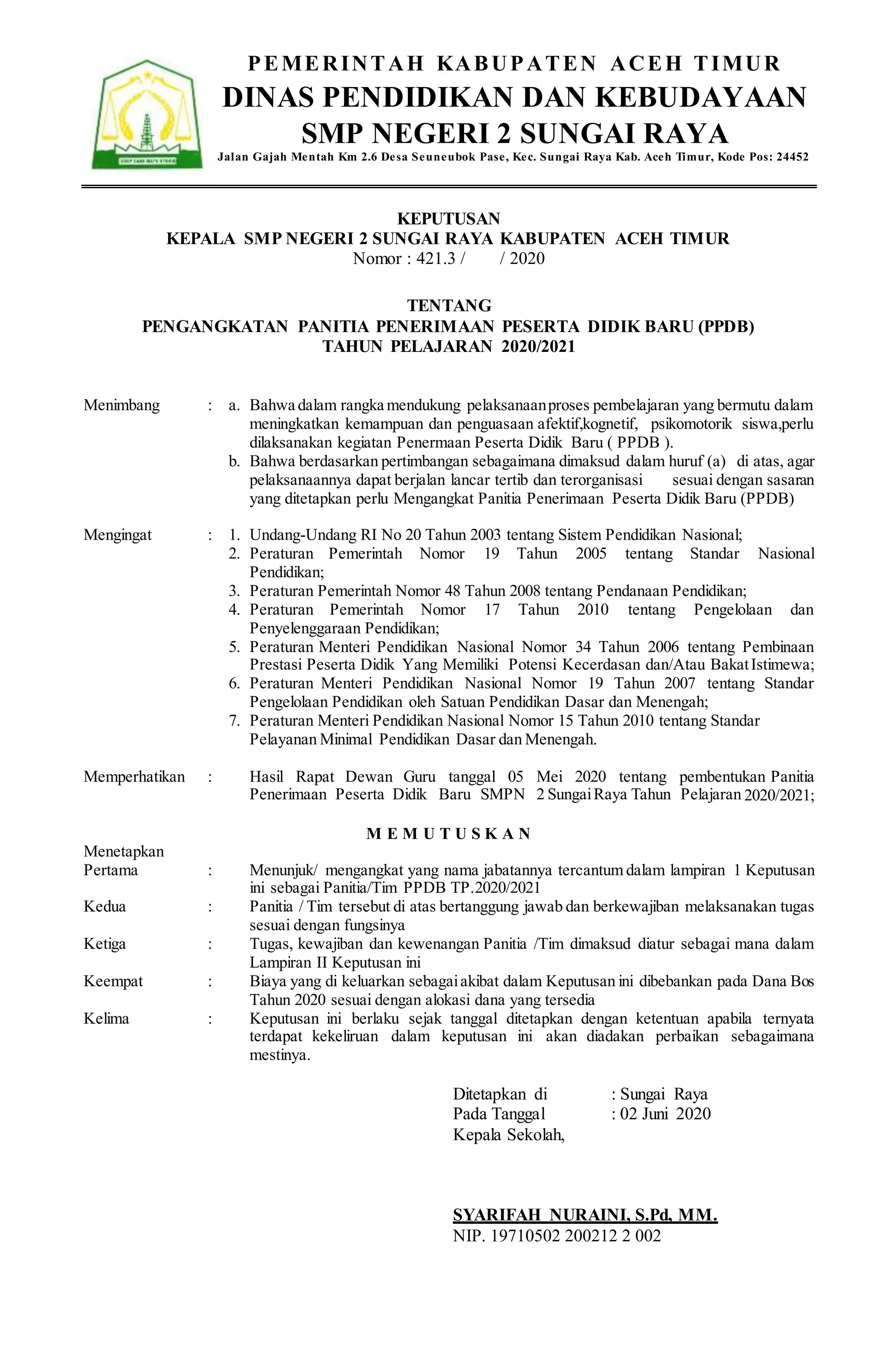 Sk Panitia PPDB dan tugas TP 2020 2021 smpn 2 Sungai Raya Aceh Timur | DOCX