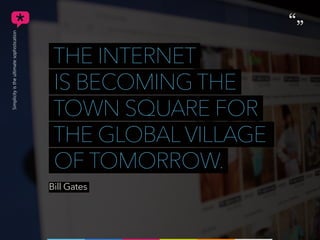 THE INTERNET
IS BECOMING THE
TOWN SQUARE FOR
THE GLOBAL VILLAGE
OF TOMORROW.
Bill Gates
“
“
 
