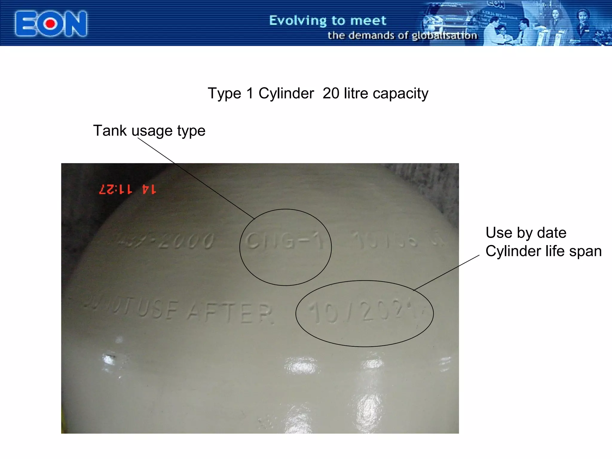 Type 1 Cylinder 20 litre capacity
Tank usage type
Use by date
Cylinder life span
 