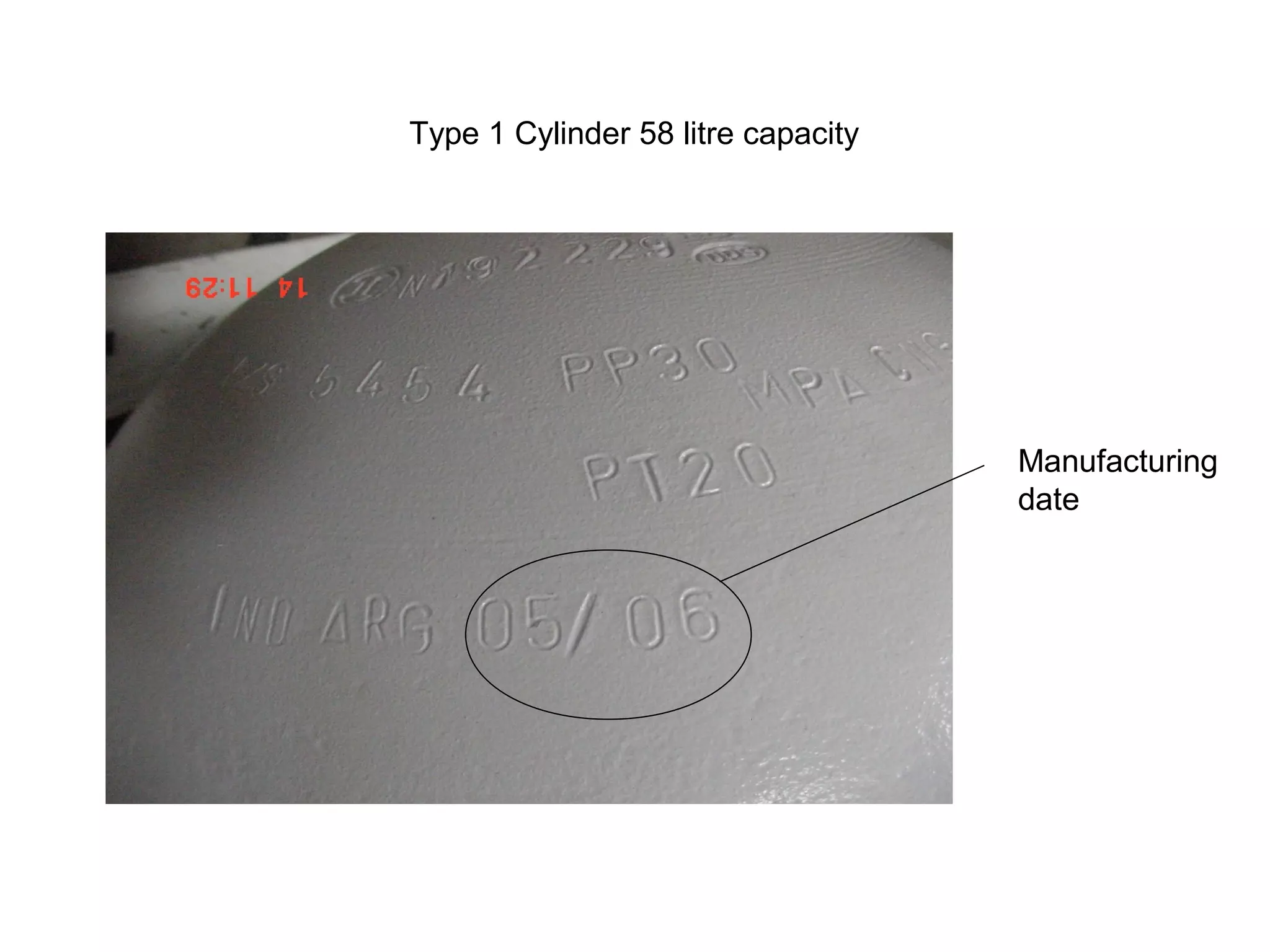 Type 1 Cylinder 58 litre capacity
Manufacturing
date
 