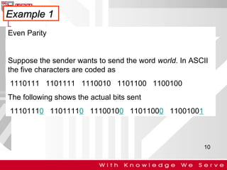 Example 1
Even Parity

Suppose the sender wants to send the word world. In ASCII
the five characters are coded as
1110111 1101111 1110010 1101100 1100100
The following shows the actual bits sent
11101110 11011110 11100100 11011000 11001001

10

 