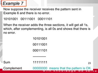 Example 7
Now suppose the receiver receives the pattern sent in
Example 6 and there is no error.
10101001 00111001 00011101
When the receiver adds the three sections, it will get all 1s,
which, after complementing, is all 0s and shows that there is
no error.
10101001
00111001
00011101
-----------Sum

11111111

Complement

00000000 means that the pattern is OK.

23

 