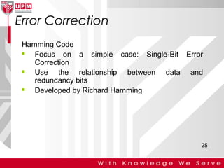 Error Correction
Hamming Code

Focus on a simple case: Single-Bit Error
Correction

Use the relationship between data and
redundancy bits

Developed by Richard Hamming

25

 